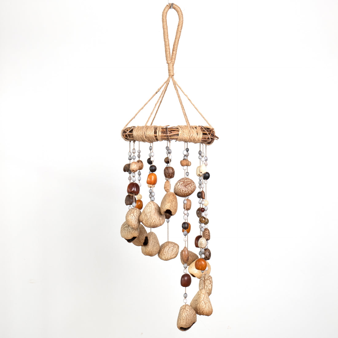 22-24 inch Forest Echo Nut Shell Chime with cascading Panji, Pudi, and Pala seeds on a rustic vine loop, organic home decor