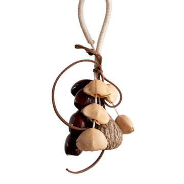 Handcrafted natural seed pod door chime with Salin, Juju and Chacha nuts on jute rope — botanical zen decor and meaningful gift