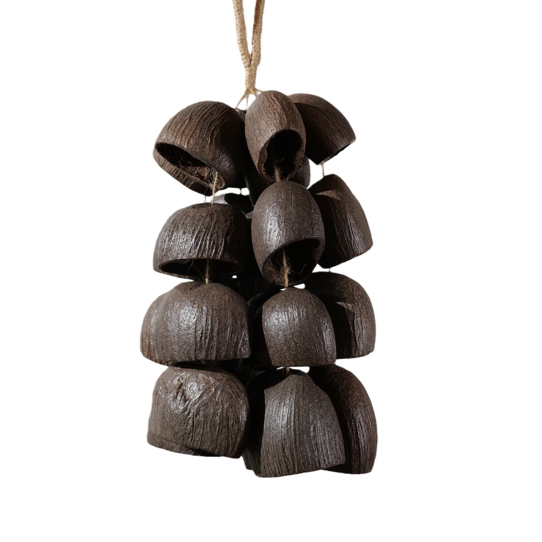 Handcrafted 24-seed Salin nut shell wind chime on jute rope in black and brown — organic ASMR sound healing and sleep decor