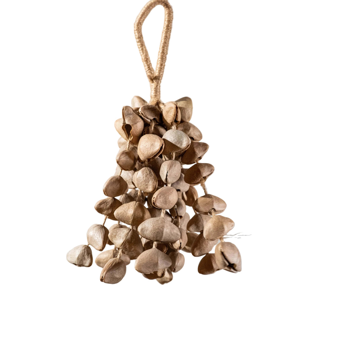 Handcrafted 74-seed Chacha shell wind chime in beige and brown on jute rope — botanical acoustic anchor for sensory grounding and sound healing