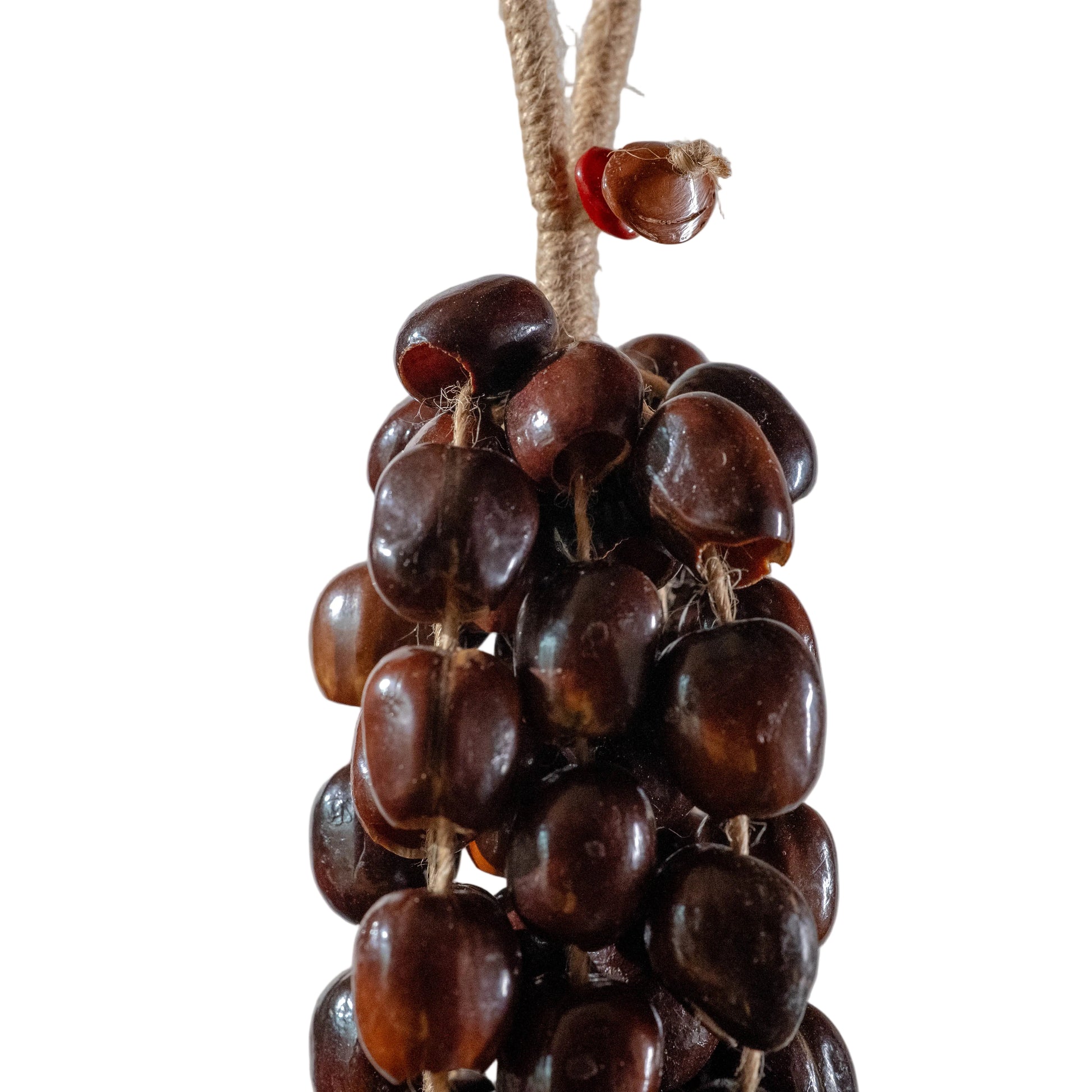 Large 96-seed Pala nut wind chime with peach pits and red beans on jute rope — flagship botanical sound healing and meditation decor