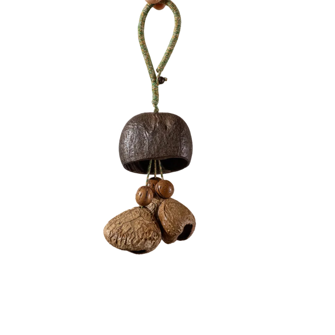Handcrafted entryway door chime with dark Salin shell cap and Panji nut strikers on braided cord — natural boho home decor