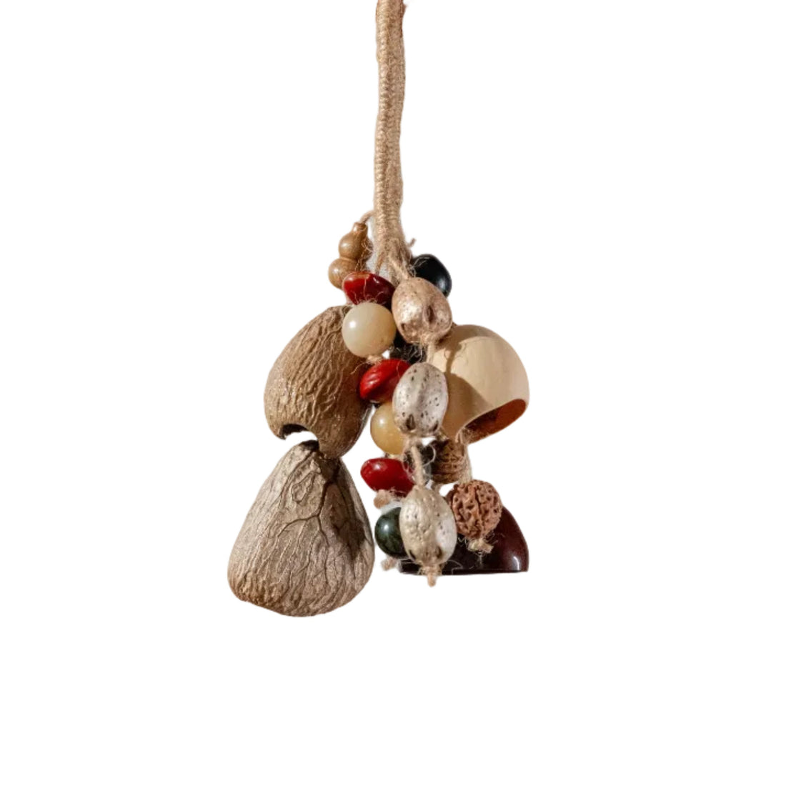 Handcrafted entryway door chime with Phoenix Egg shells, Panji nuts, Bodhi seeds and red beans on jute rope — natural boho home decor