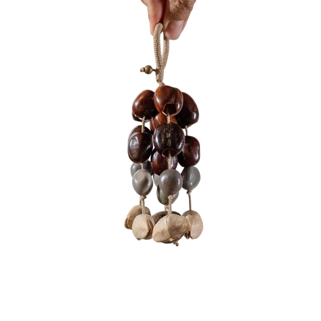 Handcrafted 24-element botanical door chime with mixed nut shells and seed strikers on jute rope — natural boho entryway decor