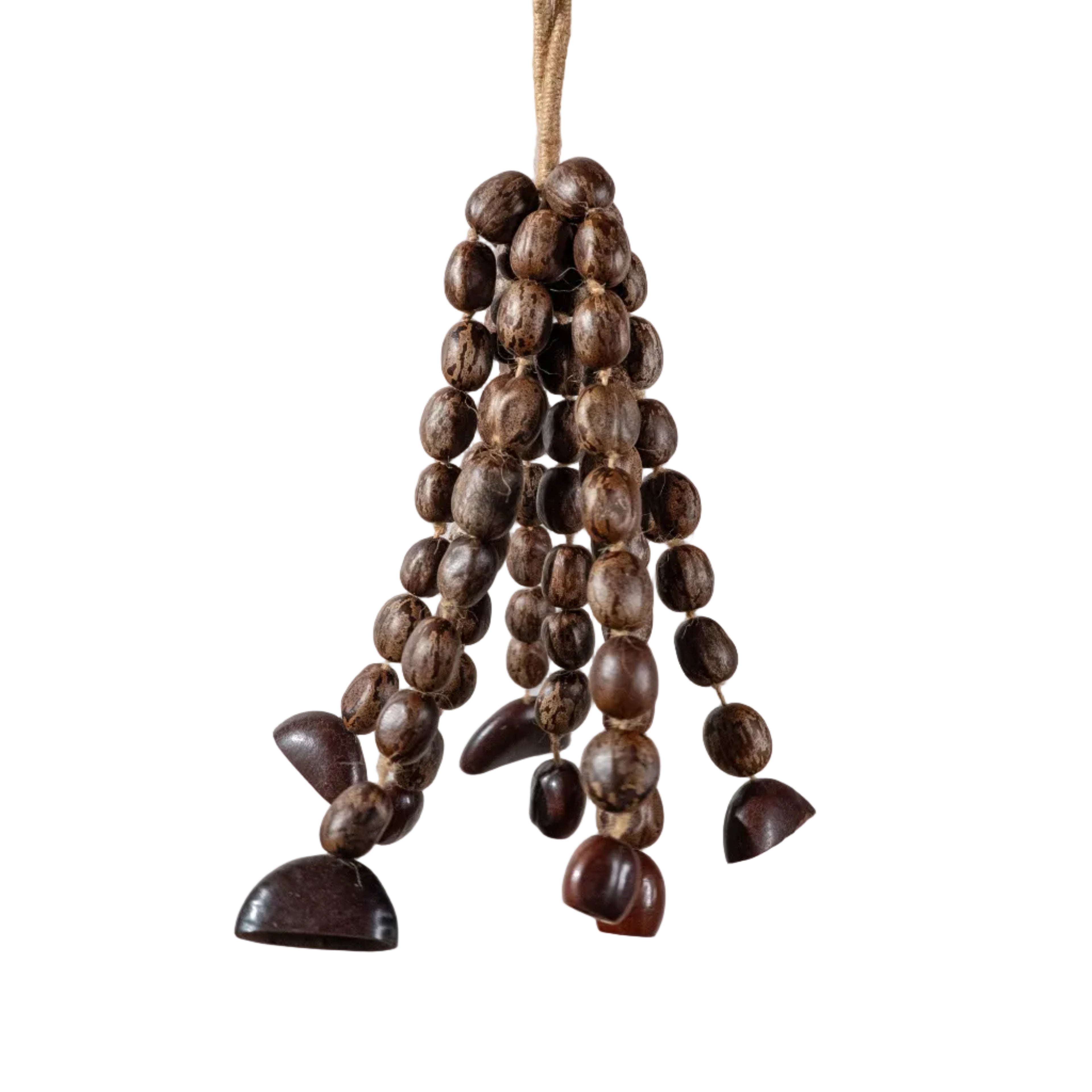71-seed botanical wind chime featuring Pala nuts and Juju seeds for meditation, yoga, and sound healing