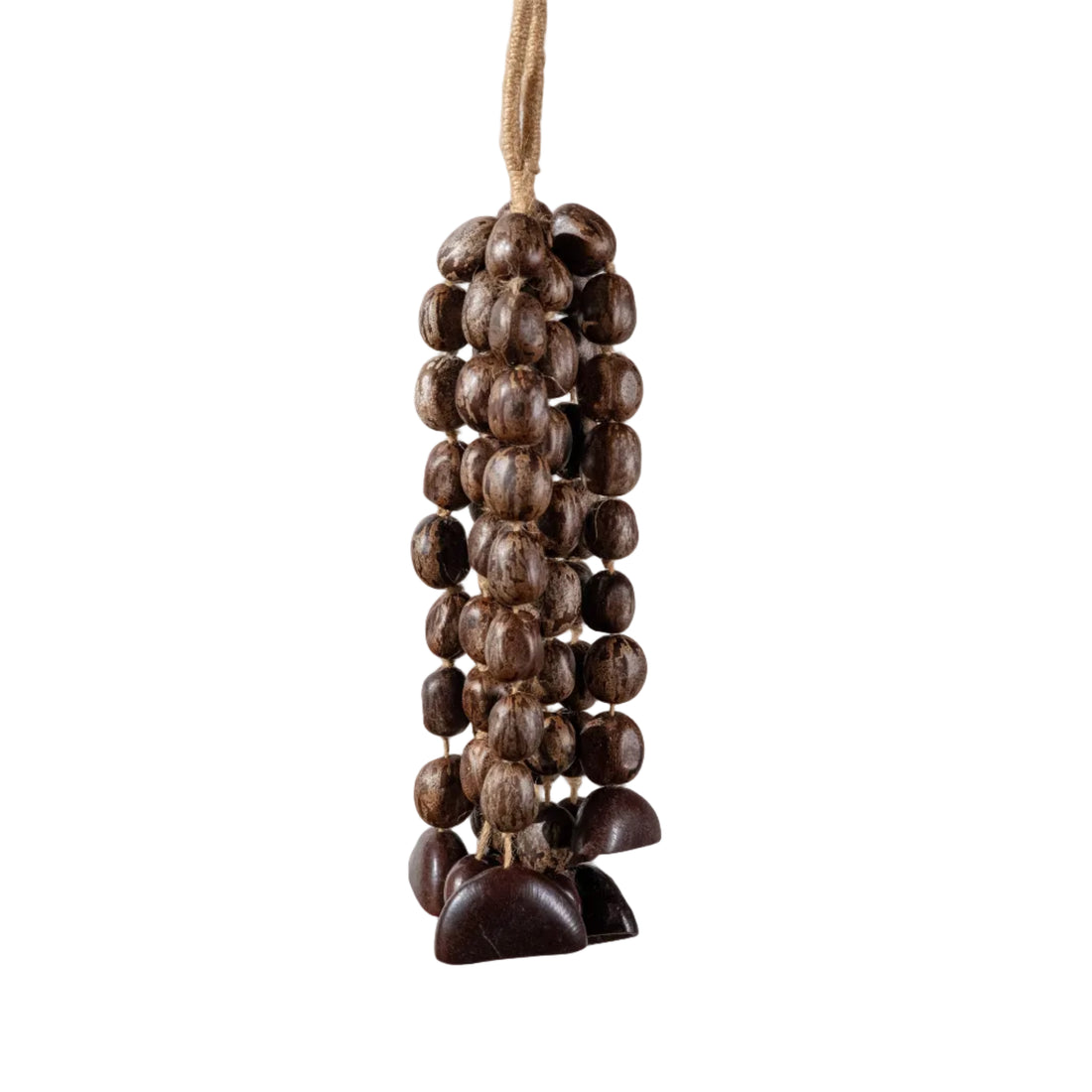 Large 71-seed botanical wind chime with Pala nuts and Juju seeds on hemp rope — professional sound healing and meditation decor