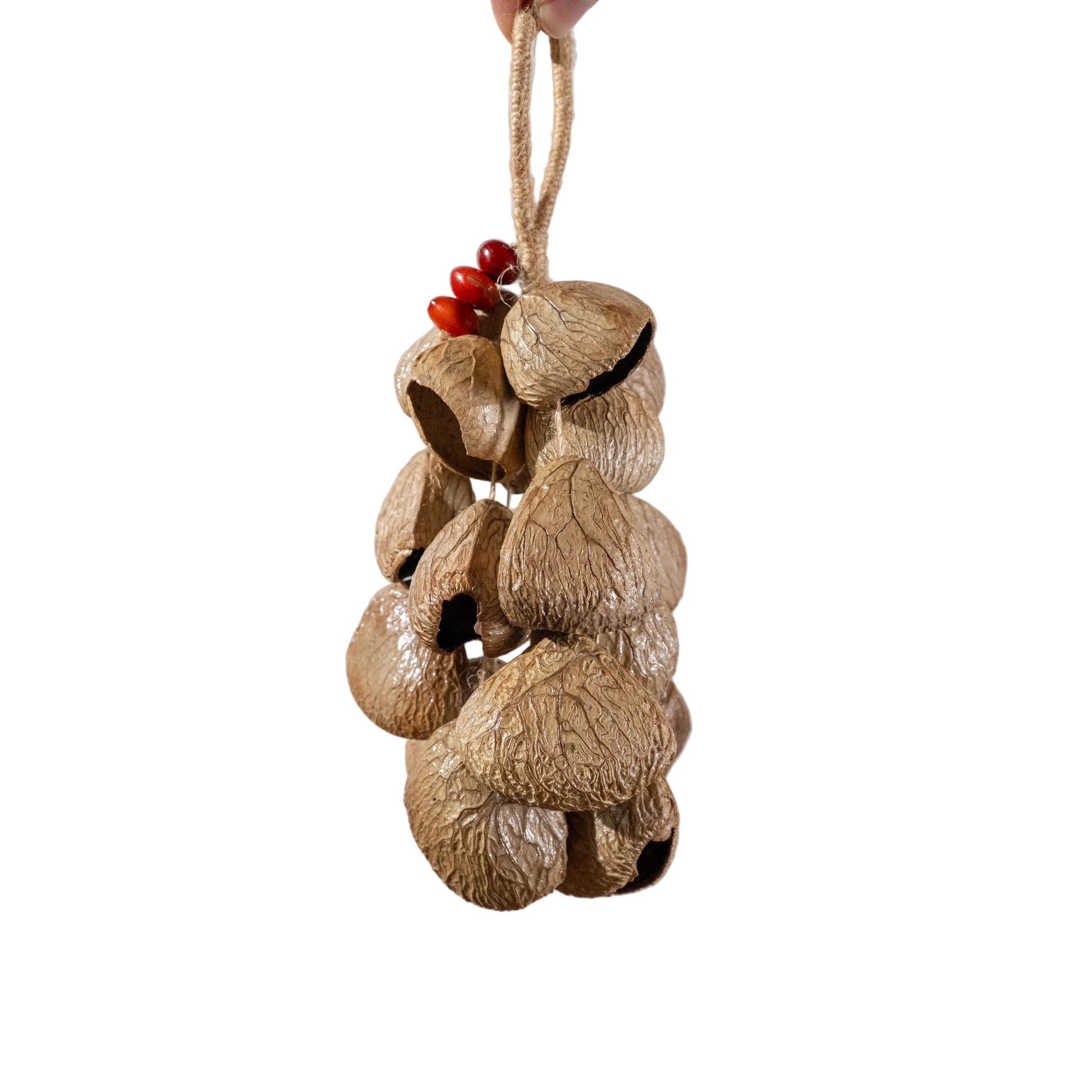 Handcrafted 18-seed Panji nut wind chime with red bean accents on hemp rope — botanical sound healing home decor