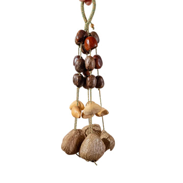 Professional 30-seed botanical wind chime featuring 18 Pala nuts, 6 Chacha pods, and 6 Panji shells for yoga, meditation, and sound healing.