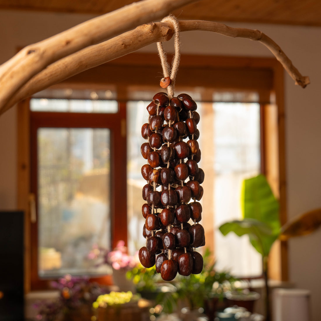 Large 96-seed Pala nut wind chime with peach pits and red beans on jute rope — flagship botanical sound healing and meditation decor