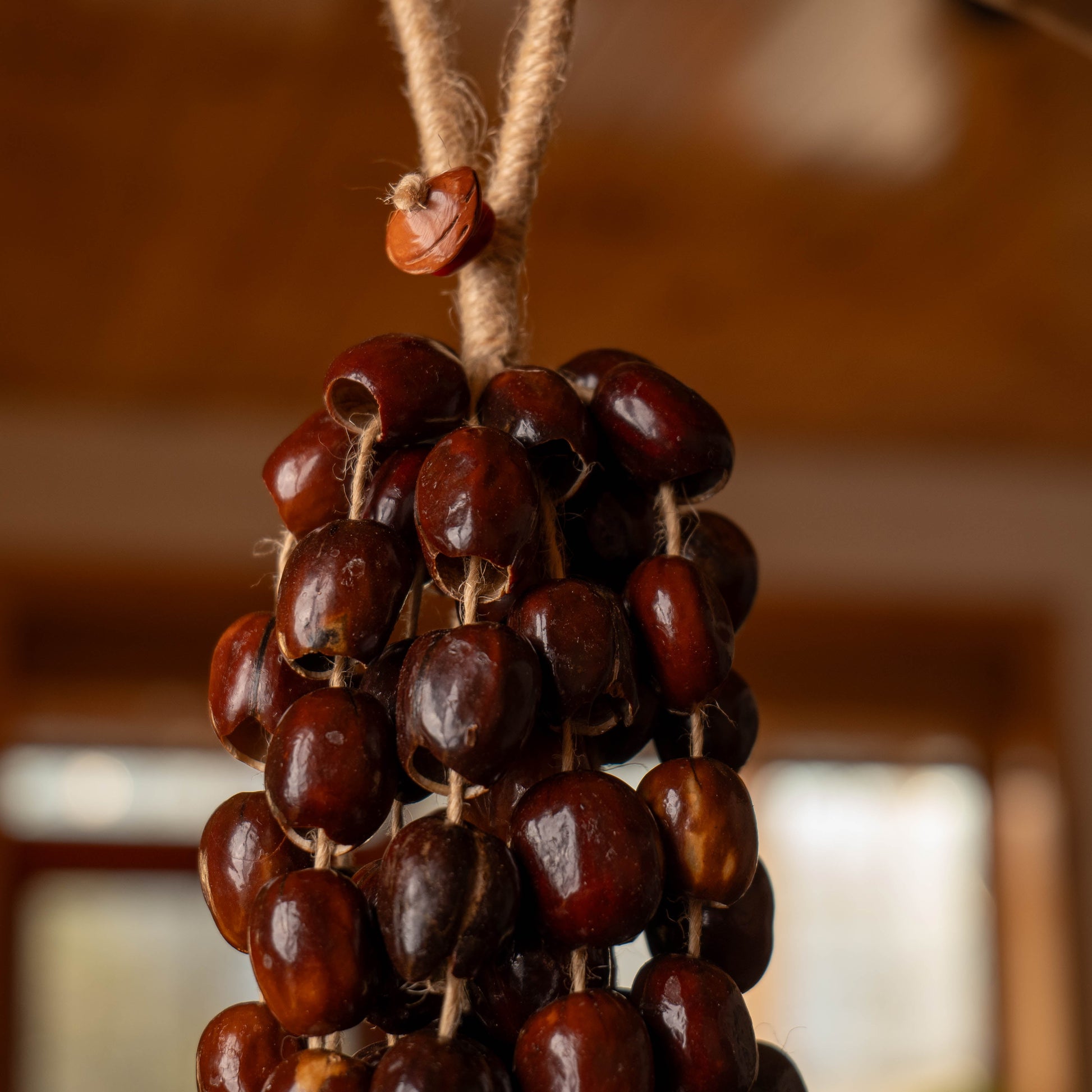 Large 96-seed Pala nut wind chime with peach pits and red beans on jute rope — flagship botanical sound healing and meditation decor