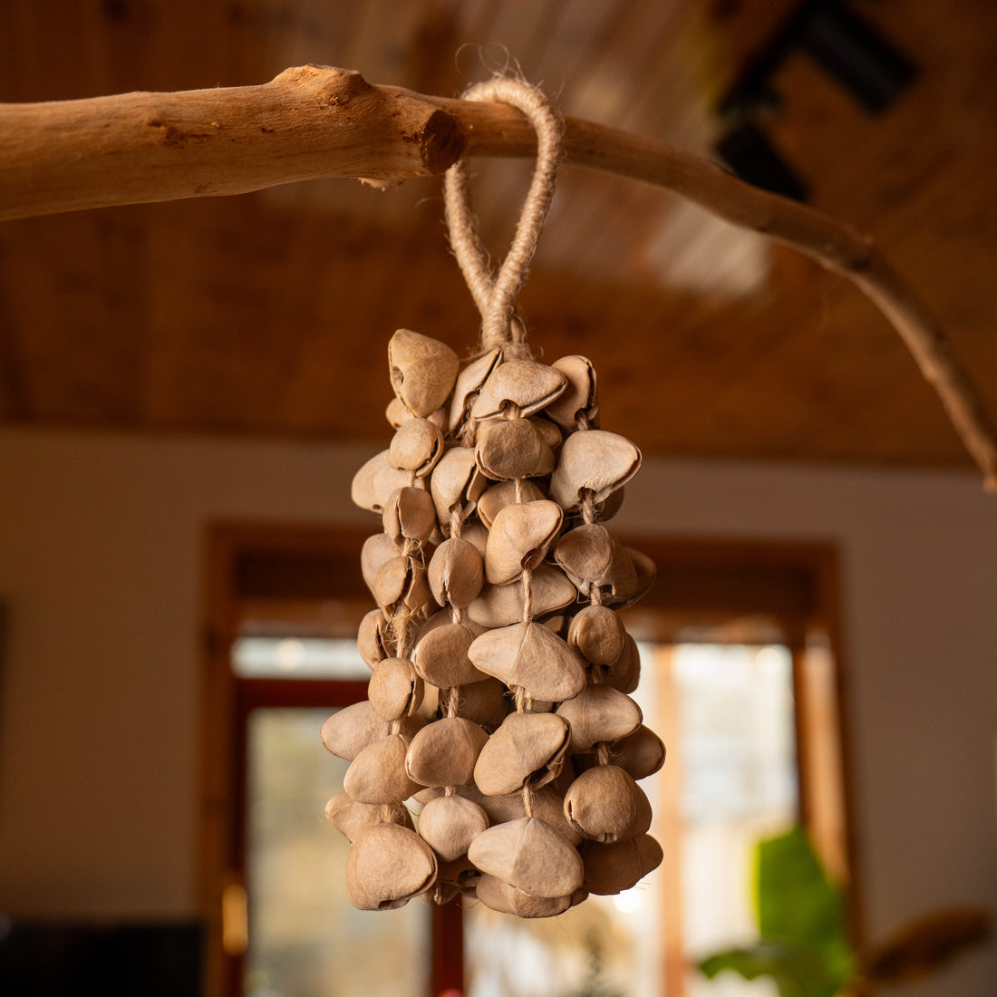 Handcrafted 74-seed Chacha shell wind chime in beige and brown on jute rope — botanical acoustic anchor for sensory grounding and sound healing