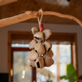Handcrafted 18-seed Panji nut wind chime with red bean accents on hemp rope — botanical sound healing home decor