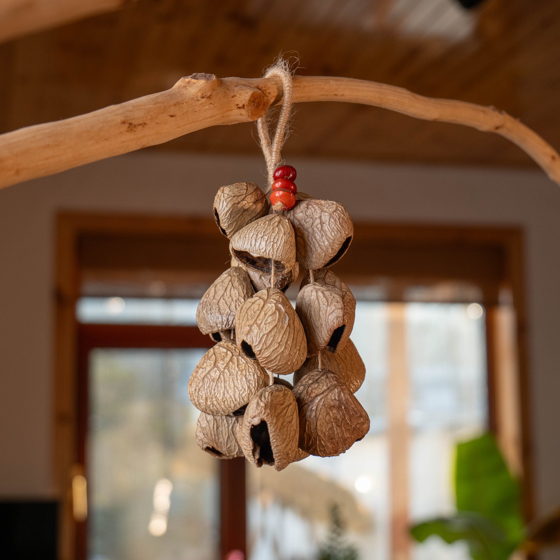 Handcrafted 18-seed Panji nut wind chime with red bean accents on hemp rope — botanical sound healing home decor