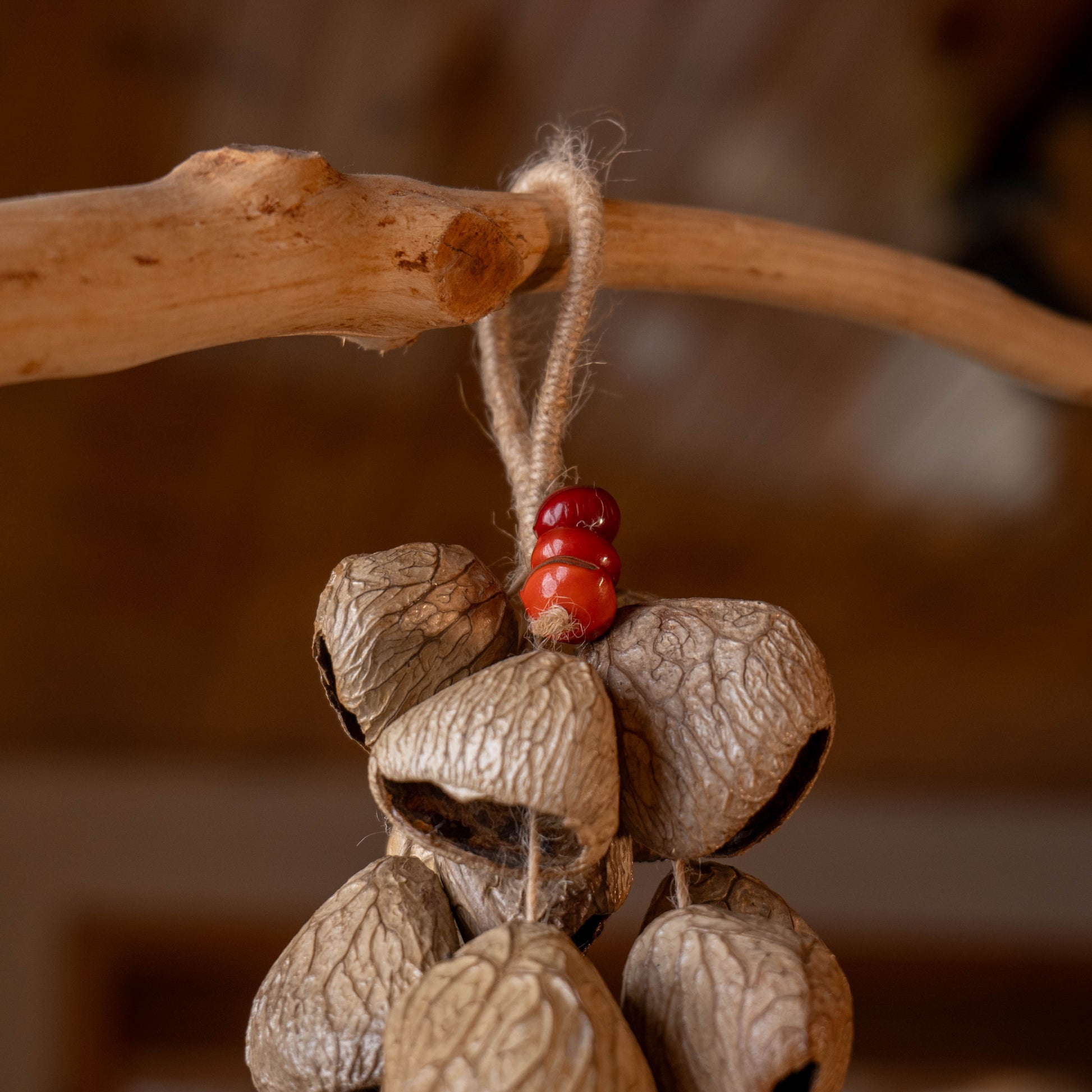 Handcrafted 18-seed Panji nut wind chime with red bean accents on hemp rope — botanical sound healing home decor