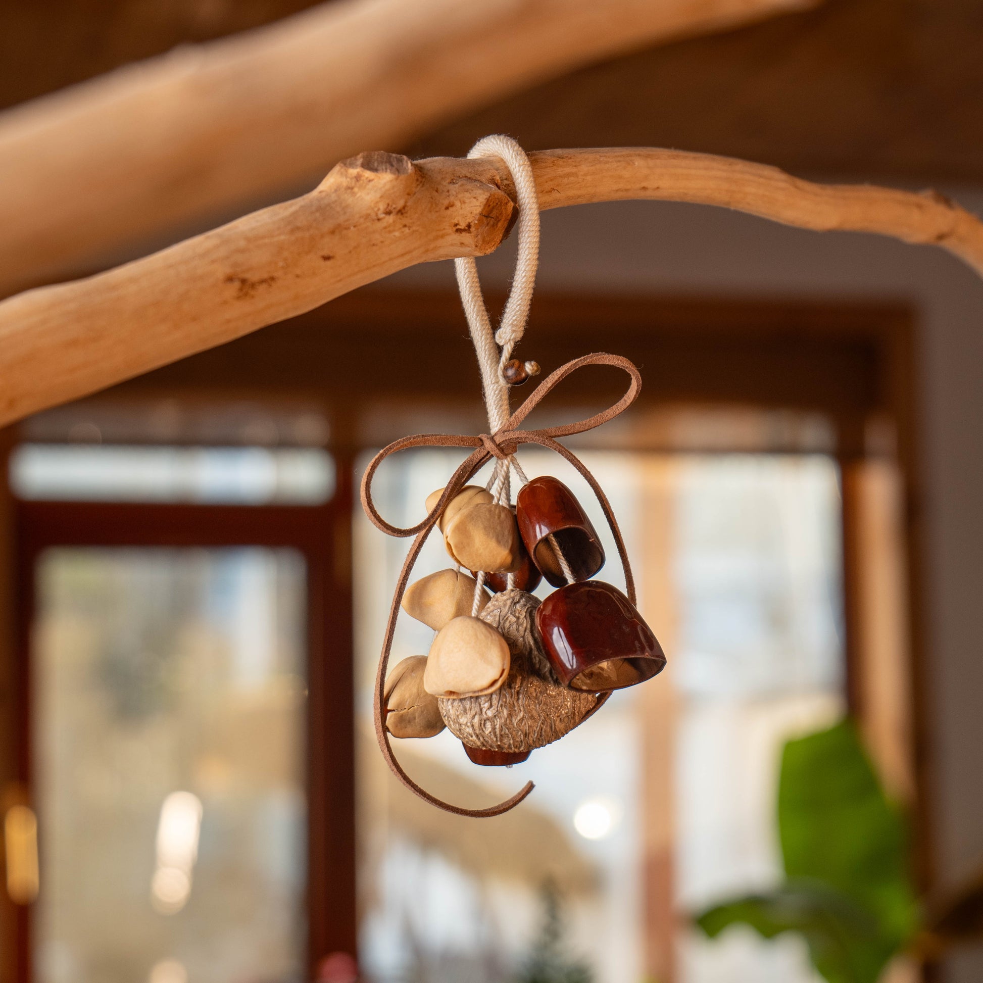Handcrafted natural seed pod door chime with Salin, Juju and Chacha nuts on jute rope — botanical zen decor and meaningful gift