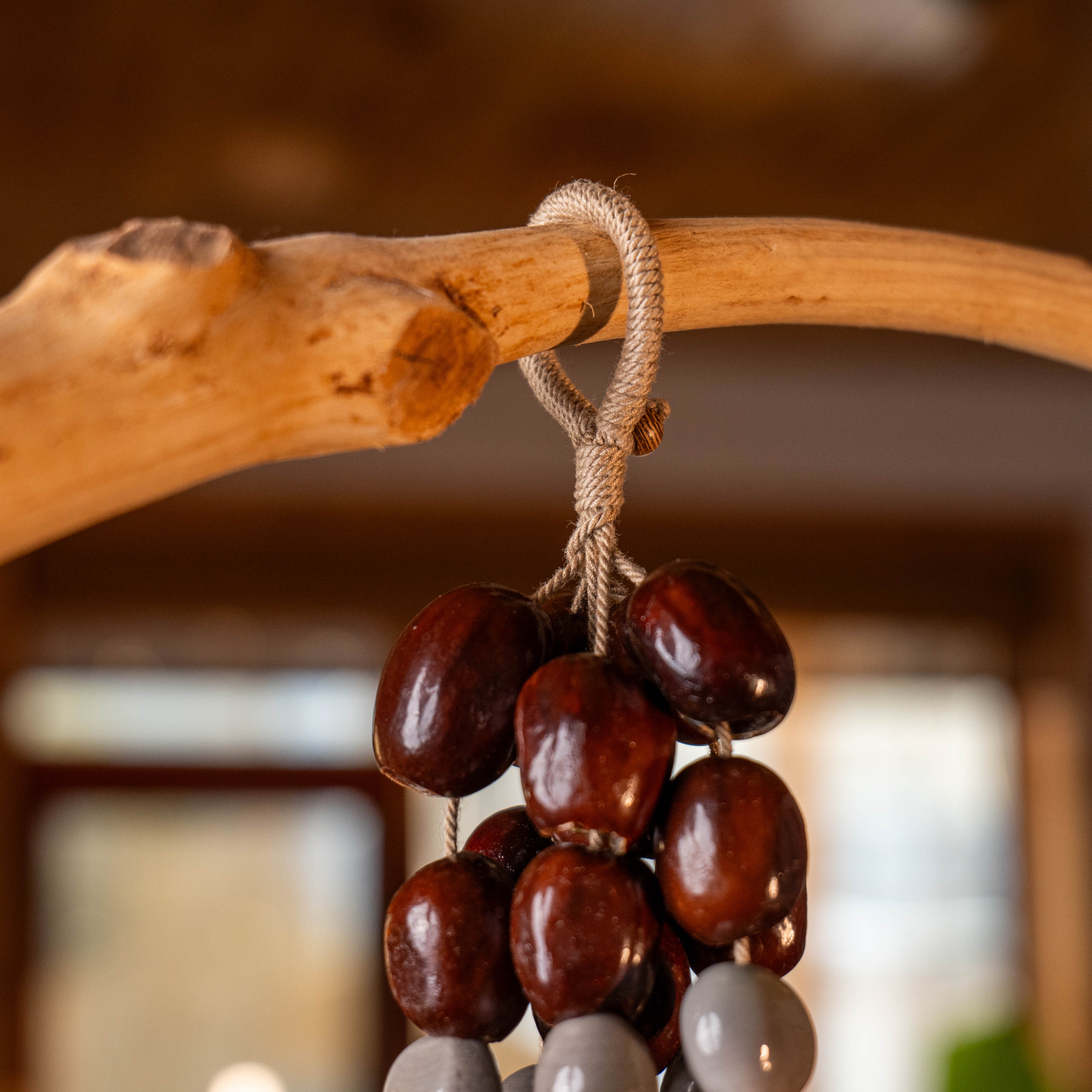 Sculptural botanical chime with a dark shell cap and suspended acoustic nut strikers.
